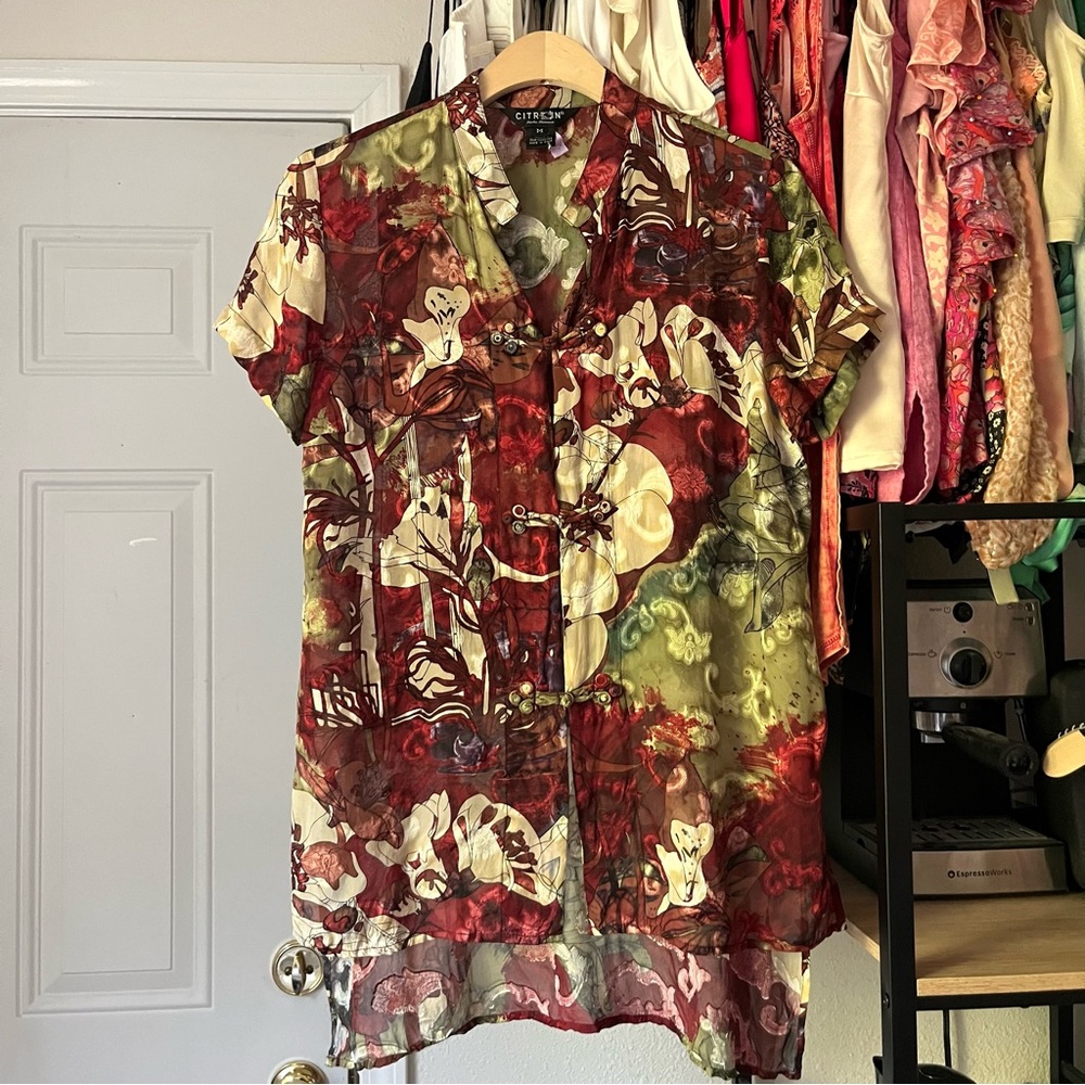 CITRON magenta red green tan floral silk rayon semi sheer Asian button up top